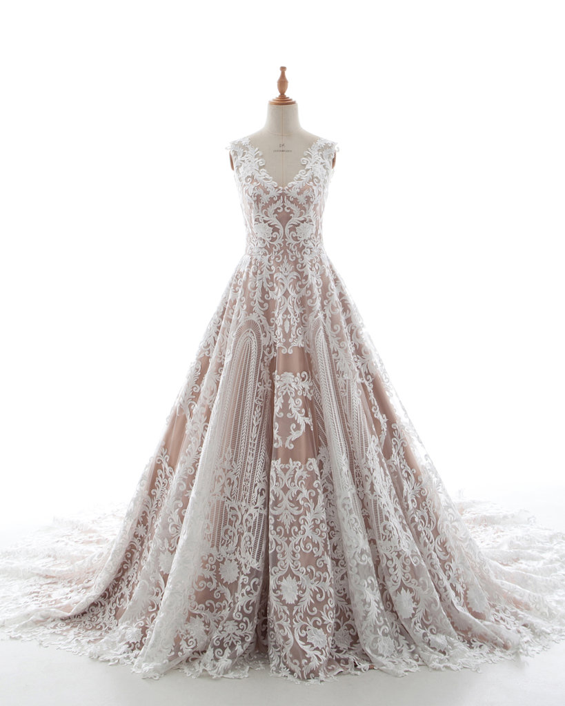 Ivory/Champagne A-line Dress #LD5190 With Chapel Train
