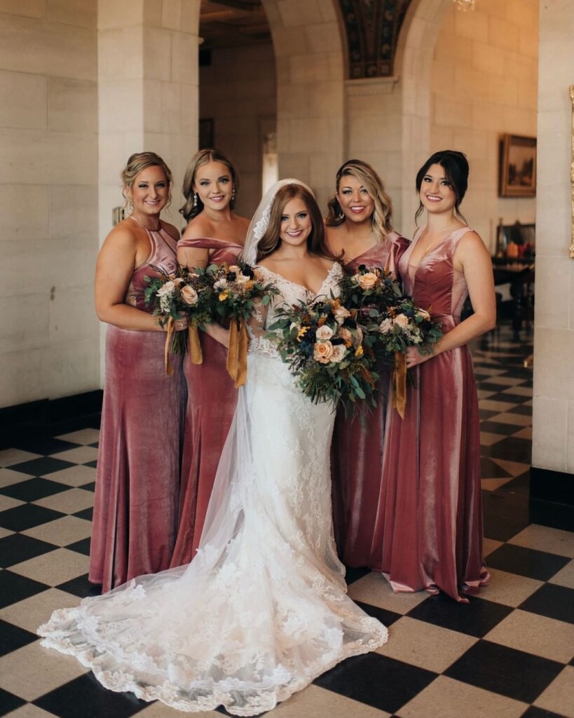 dusty rose velvet bridemaid dresses