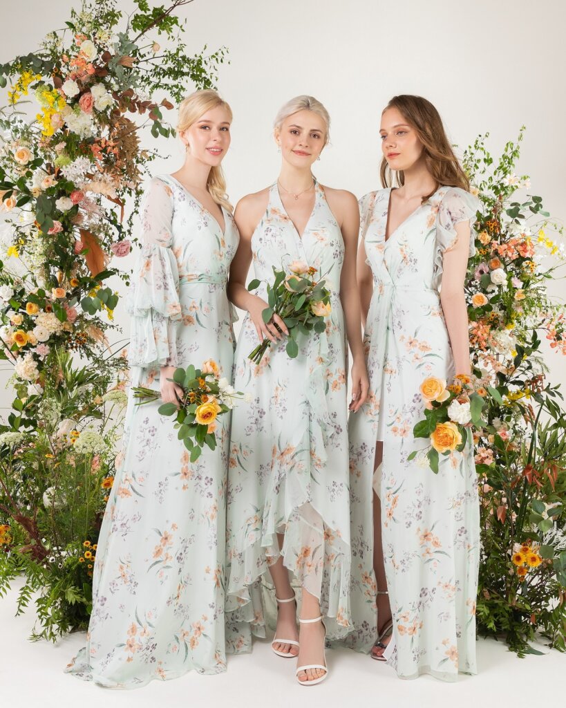 printed chiffon bridesmaid dresses for spring wedding