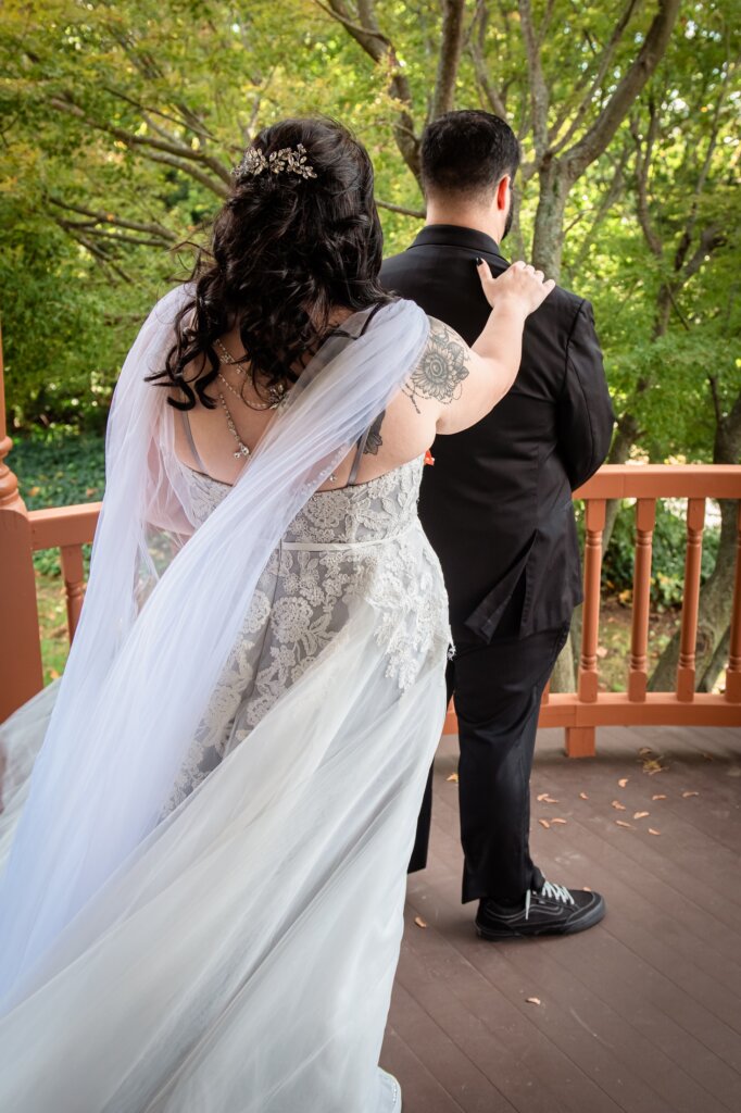 the first look in tulle wedding dress