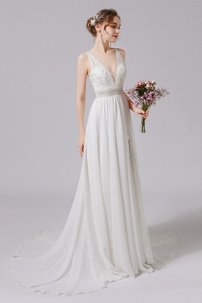 dress CW2705 is an elegant open back, V-neck, A-line, tulle lace dress with a sweep-brush train that’ll wow just everyone. It is excellent attire for a beach wedding.