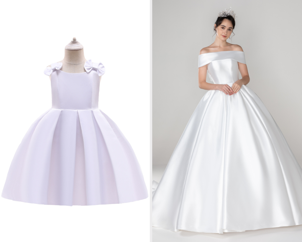 sophisticated wedding dress and matching flower girl dress