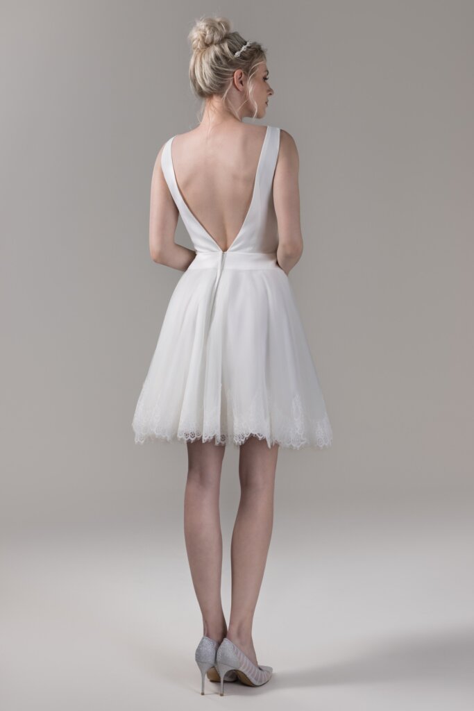 A-Line Knee Length Satin Lace Short Wedding Dress CW2776 Back
